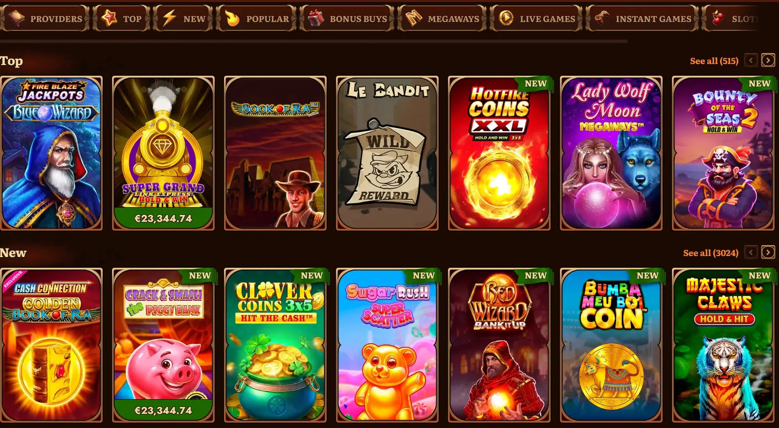 Le lobby des machines à sous de WildRobin montre les meilleurs jeux, les nouveautés et les jackpots
